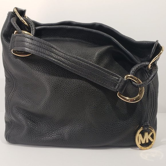 Michael Kors Black Pebbled Leather Shoulder Bag Handbag Purse Oversized ID Chain - Picture 4 of 9